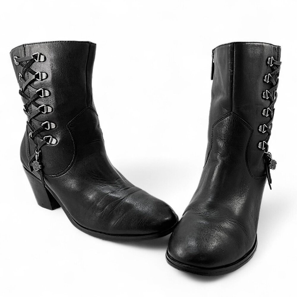 Harley Davidson Women Black Leather Boots Corset Lace Up With Carms Size 9.5" - Picture 3 of 12
